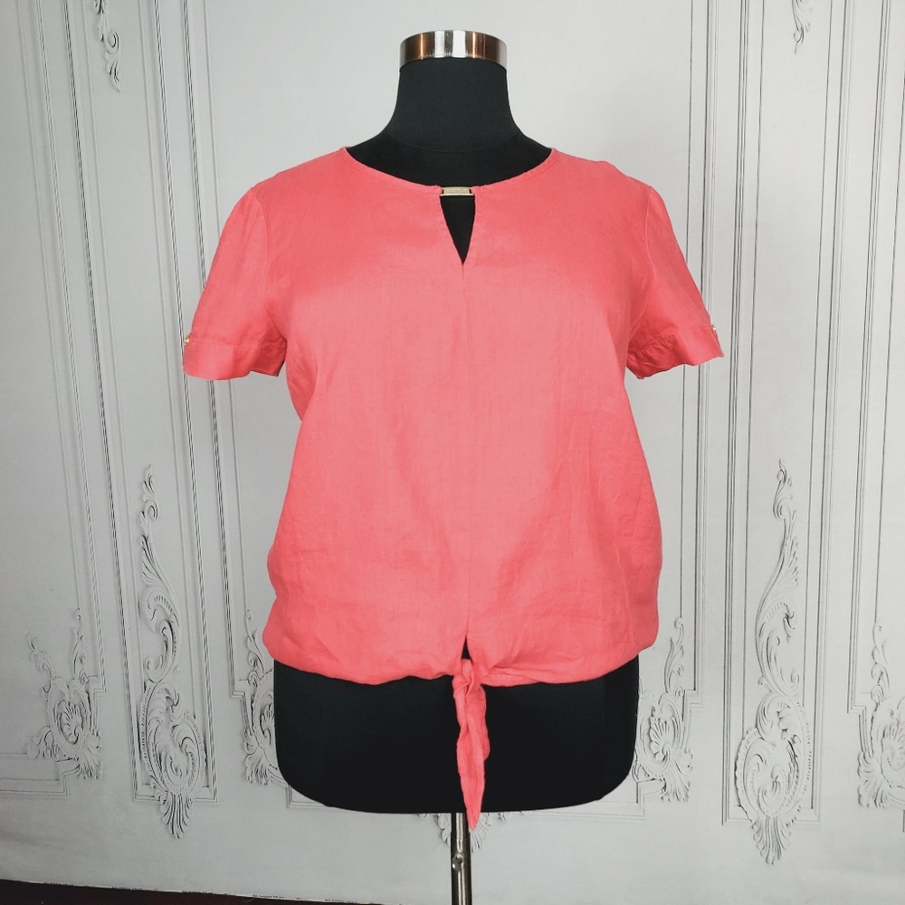 Ellen Tracy 100% Linen Coral Pink Plus Sized Crop Top Puff Short Sleeve 18/20